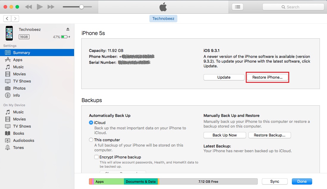 Restore iPhone using iTunes